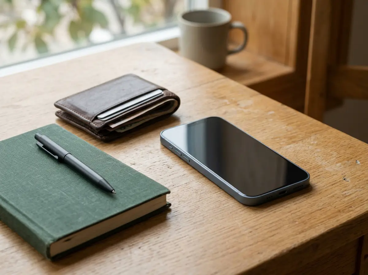 Telefon, portfel i notes ułożone na drewnianym biurku