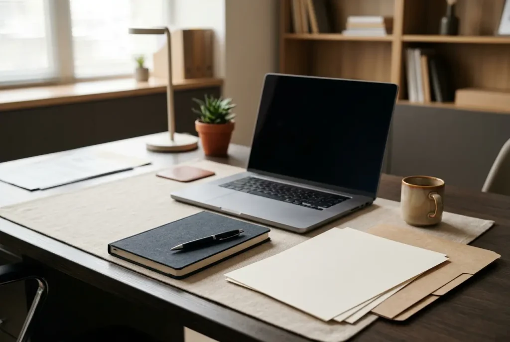 Zamknięty notes, laptop i neutralne dokumenty na biurku