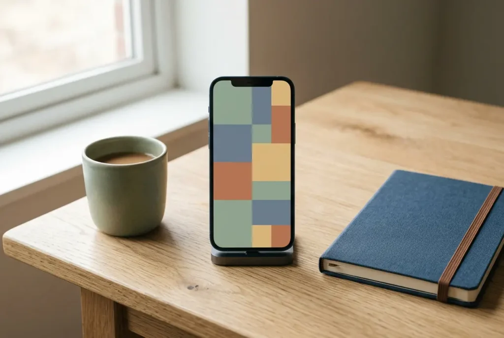 Smartfon ustawiony pionowo obok notesu i kubka na drewnianym stole